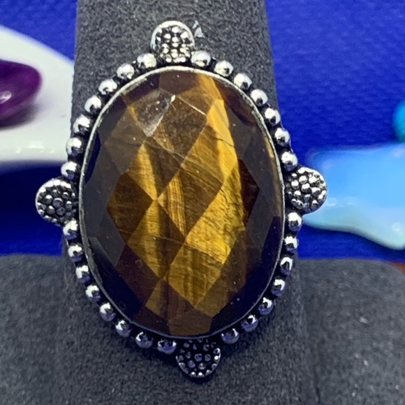 Stunning Faceted Tiger’s Eye Ring! .925 Sterling Silver Plated, Size 9.25 - Picture 5 of 9